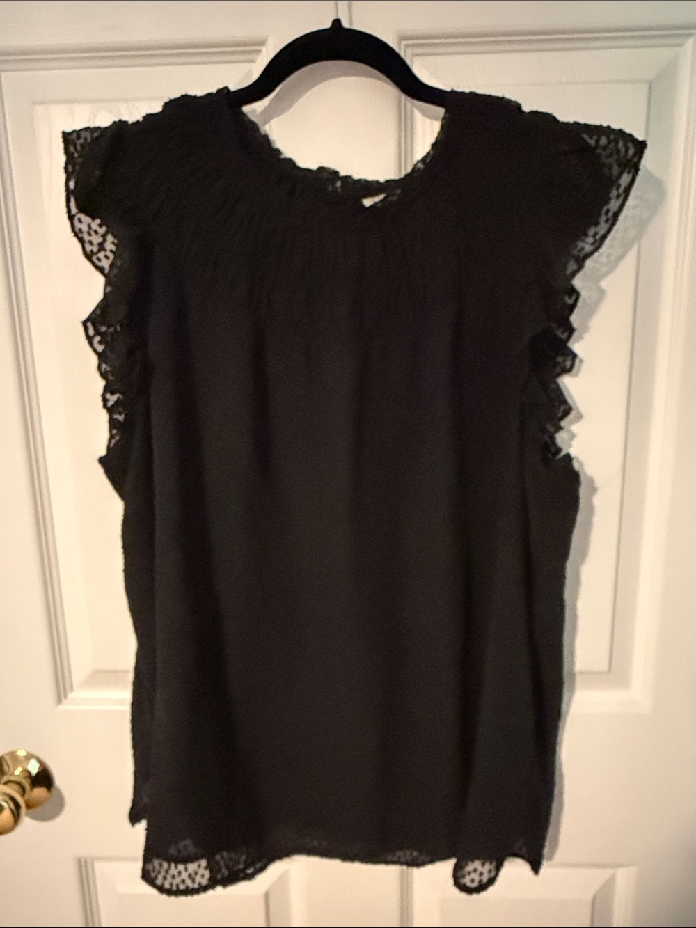 LOFT Black Lace-Trim Flutter Sleeve Blouse